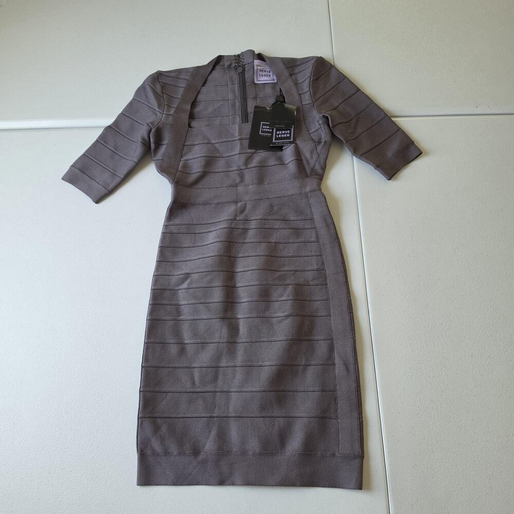 Herve Leger Madina Dress Womens S Gray Bandage Bodycon Square Neck 3/4 Sleeve